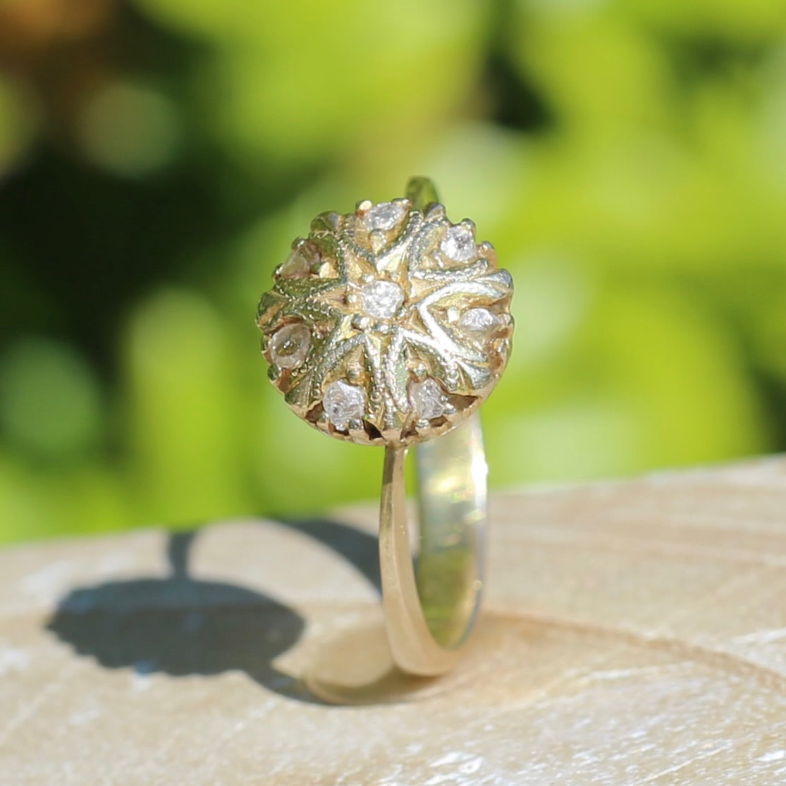 Rustic Handmade Likely Victorian Rose and Table Cut Diamond & Quartz Ring, approx 12ct Yellow Gold, size T or 9.5