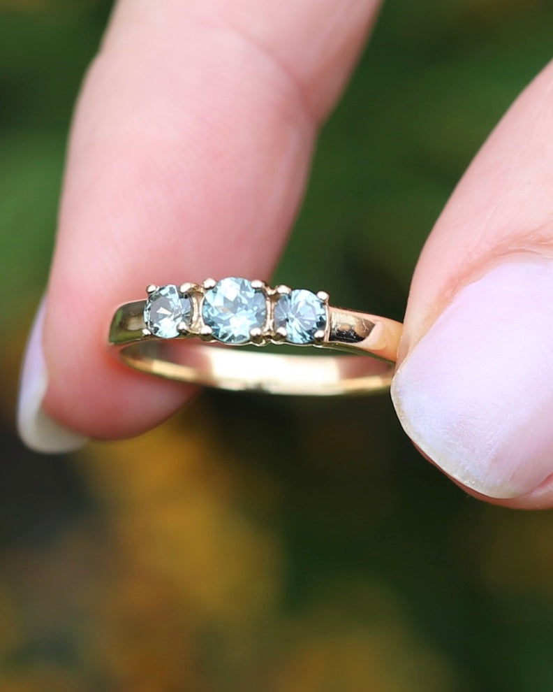 Natural Turquoise-Meets-Sage-Green Parti Trilogy, Claw Set 9ct Yellow Gold, size O1/2 or just over 7.25, 2.16g