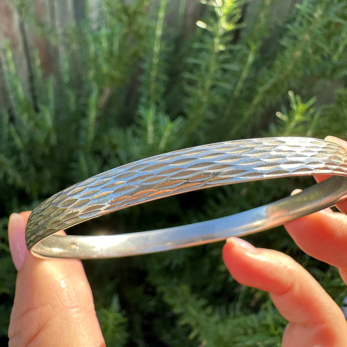 Stylised Engraved Flat Profile Silver Bangle, 16.5g