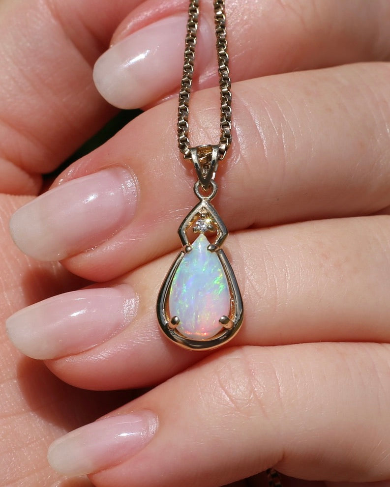 Pear Crystal Opal and Diamond Pendant, 10ct Yellow Gold, 1.5g
