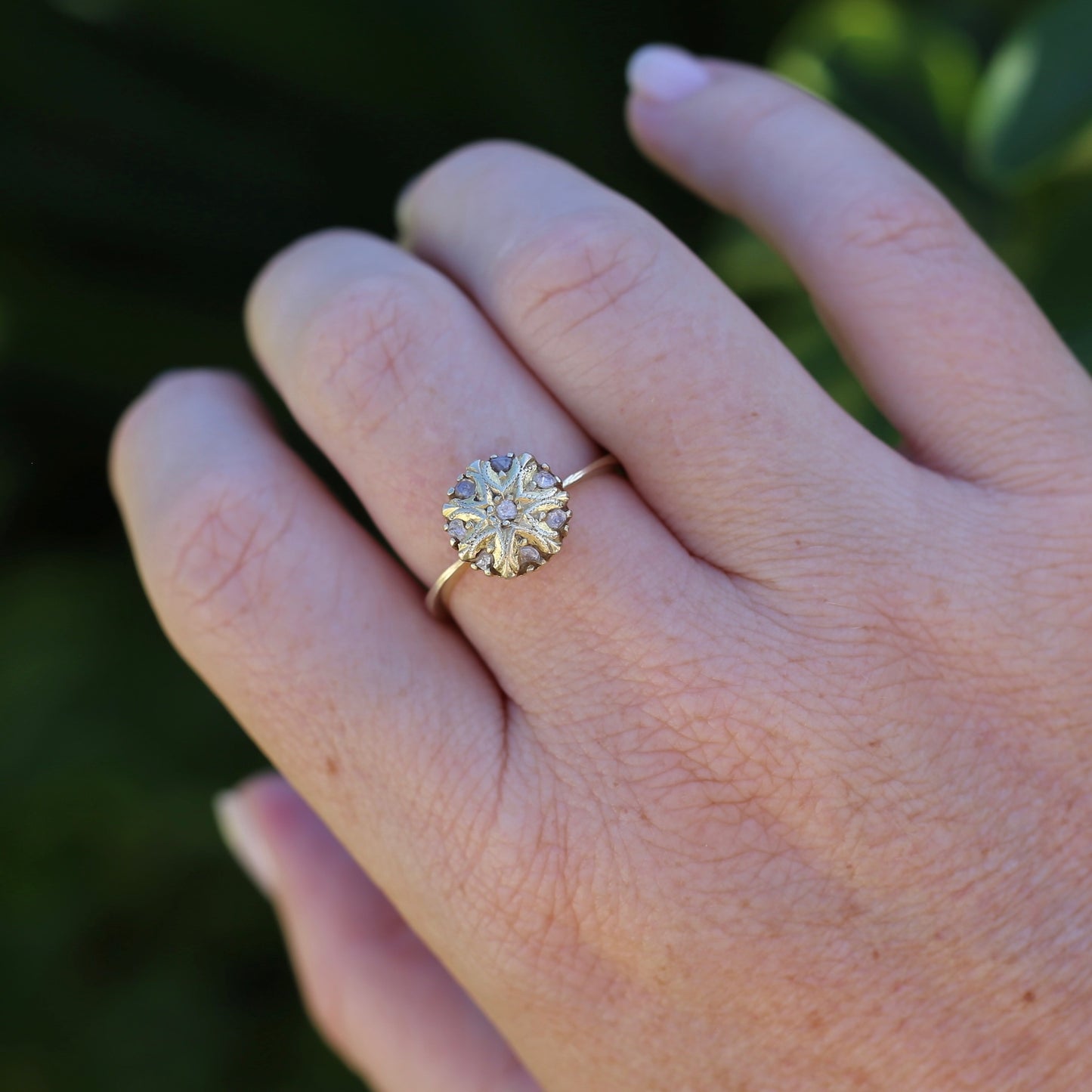 Rustic Handmade Likely Victorian Rose and Table Cut Diamond & Quartz Ring, approx 12ct Yellow Gold, size T or 9.5