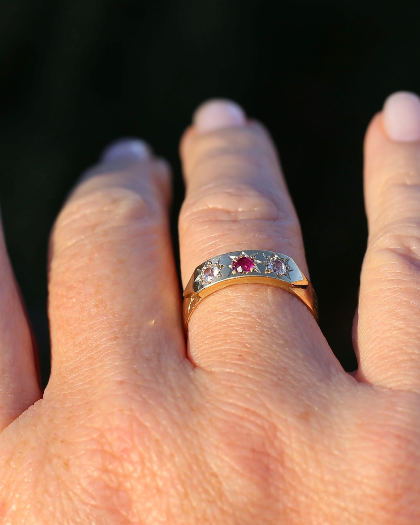 1873 15ct Band with 18ct Trilogy Old Cut Star Set Addition, 15 & 18ct Gold, size R1/2 or 8.75 (fits slightly smaller)