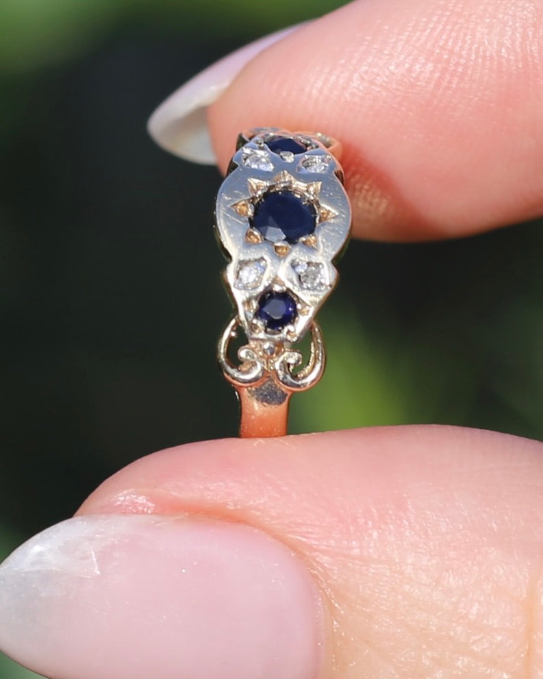 Star Set Dark Sapphire and Diamond Ring, 9ct Yellow Gold, size O1/2 or 7.5, 1.99g