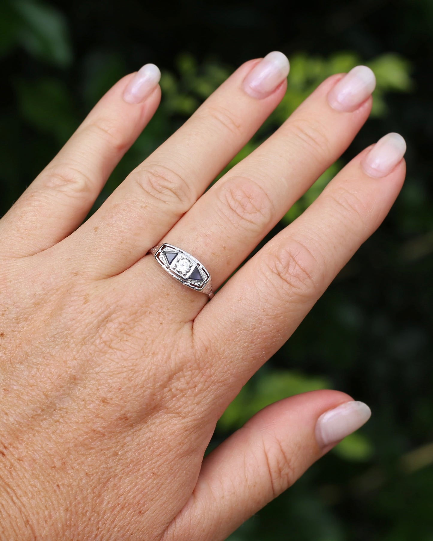 Art Deco Diamond and Sapphire Trilogy in Raised Handmade Engraved Floral Setting, 14ct White Gold, size U or 10 - offering free resize down to 7 or O, with valuation