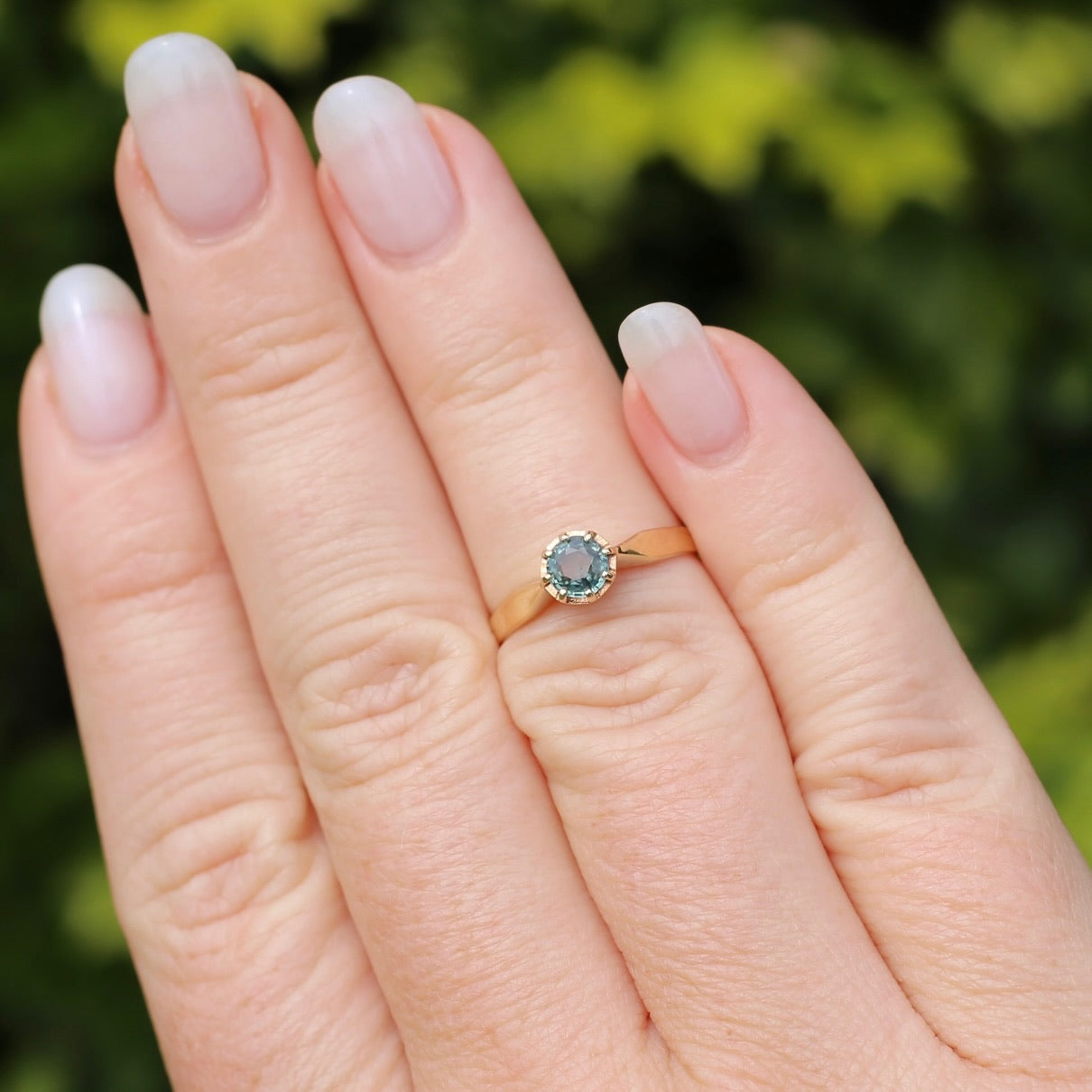 Seafoam Sapphire Solitaire in 8 Claw Setting, 9ct Yellow Gold, size L or just under 5.5