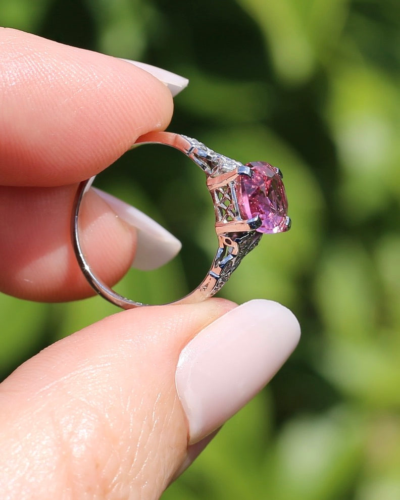 Pale Pink Tourmaline and Old Cut Diamond Shoulder Ring, 18ct White Gold and Platinum, size N or 6.75, 2.63g