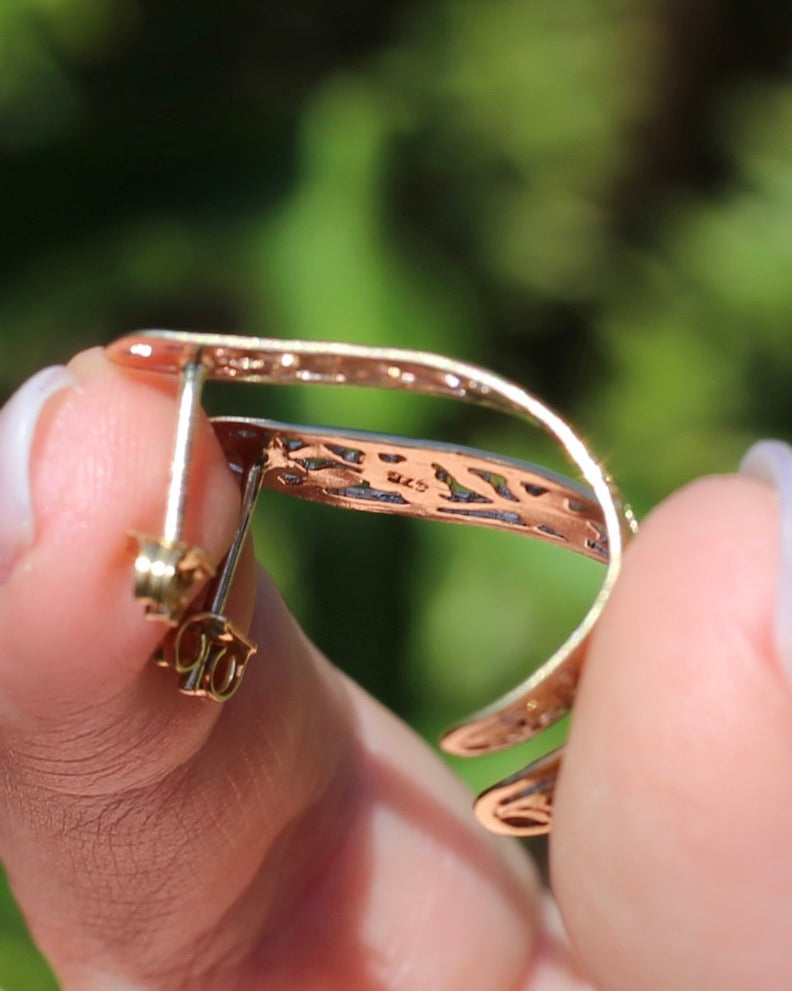 Floral Hand Carved 9ct Yellow Gold Earrings - Studs-, 9ct Yellow Gold, 3.13g