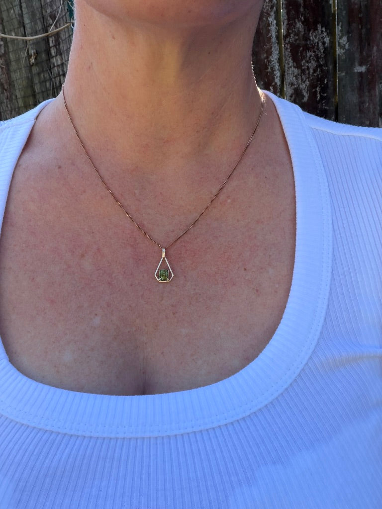 Modified Carre Cut Unheated Green Natural Sapphire in Handmade Vintage Pendant, 9ct Yellow Gold, 0.78g