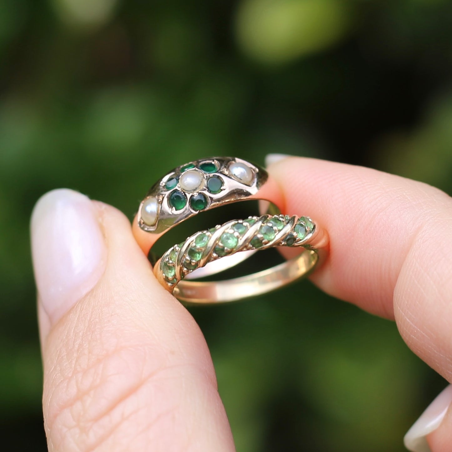 On hold Green Chrome Diopside or Garnet Rope Set Ring, 9ct Yellow Gold, size N or 6.75