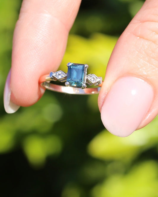1.09ct Emerald Cut Teal Australian Sapphire With Diamonds in Vintage Trilogy Setting, 9ct Yellow and White Gold, size N1/2 or 6.75, 2.05g