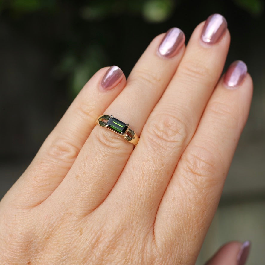 East West Set Emerald Cut Dark Green Natural Tourmaline Ring, 9ct Yellow Gold, size L or 5.75