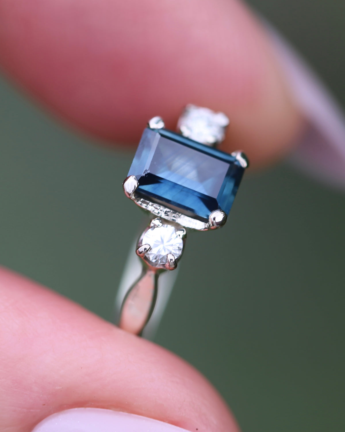 1.1ct Emerald Cut Natural Blue Teal Sapphire and Diamond Trilogy, 18ct White Gold and Platinum, size O or just over 7, 2.27g