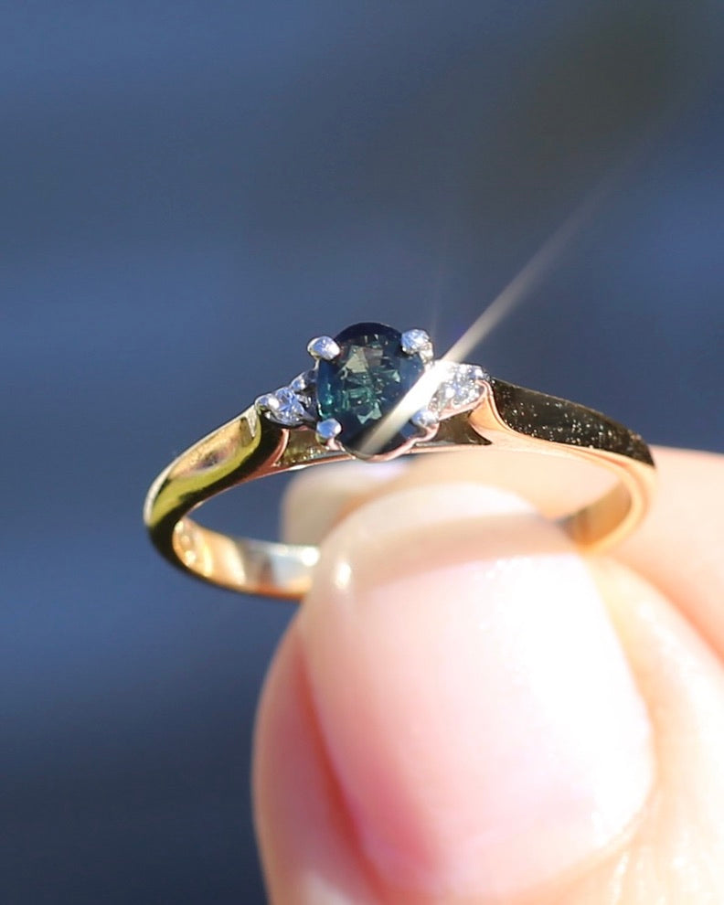 Dark Australian Sapphire and Diamond Dainty Trilogy, 9ct Yellow and White Gold, M1/2 or 6.5, 1.75g