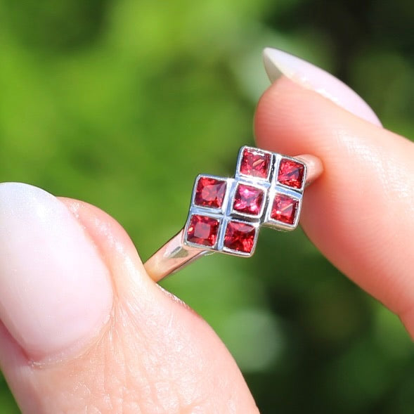 Modern Princess Cut Checkerboard Ruby Ring, 9ct White Gold, size Q or 8.25