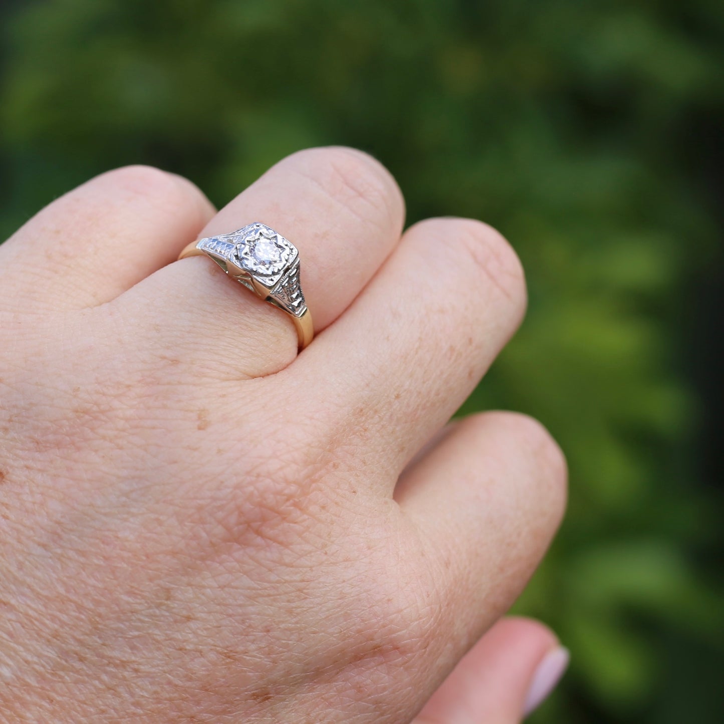 1930s Art Deco Inspired Platinum and 18ct Gold Solitaire Ring, size N or almost 6.75