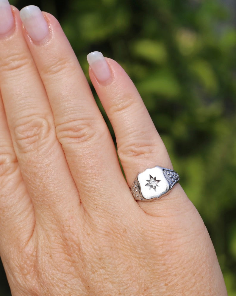Vintage Shield Signet With Old Cut Diamond, 18ct White Gold, size N or just over 6.5 (fits more like an L1/2-M due to width), 6.86g