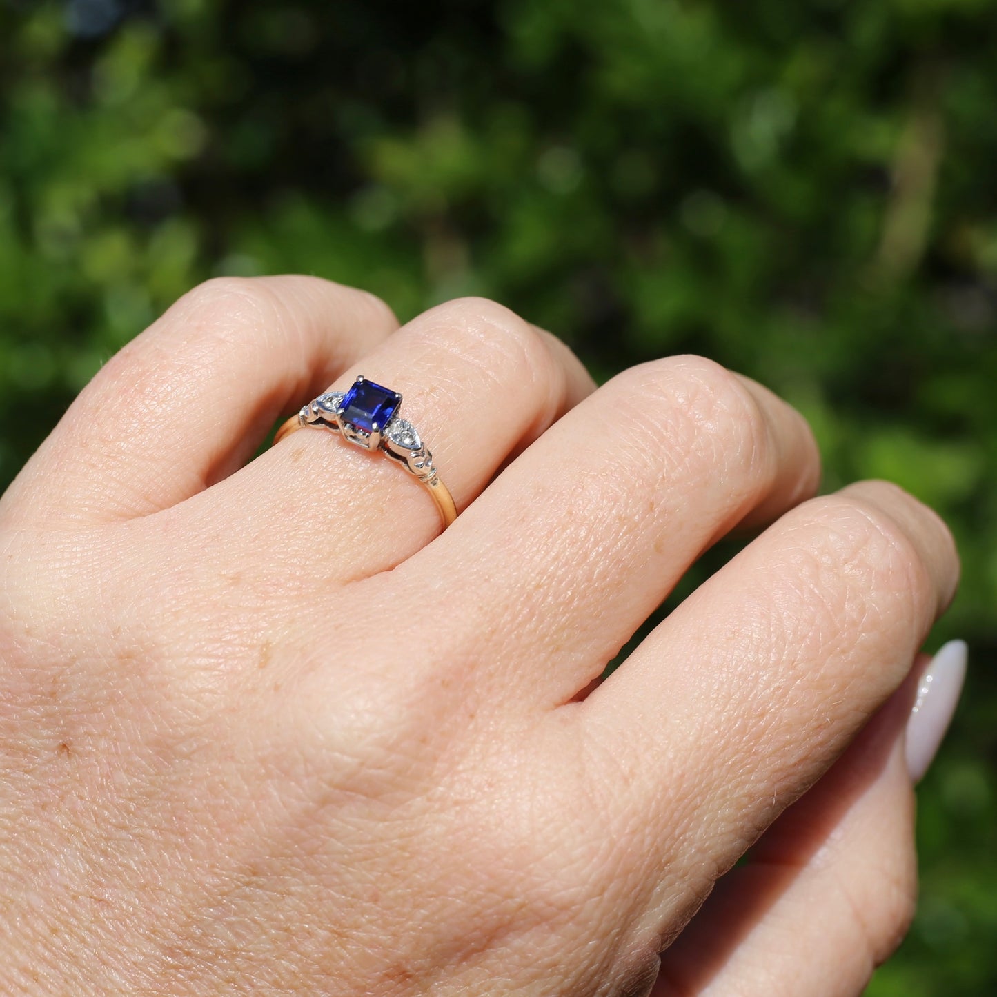 1930s Square Emerald Cut Blue Sapphire, 18ct Yellow and White Gold, size Q1/2 or just over 8.25