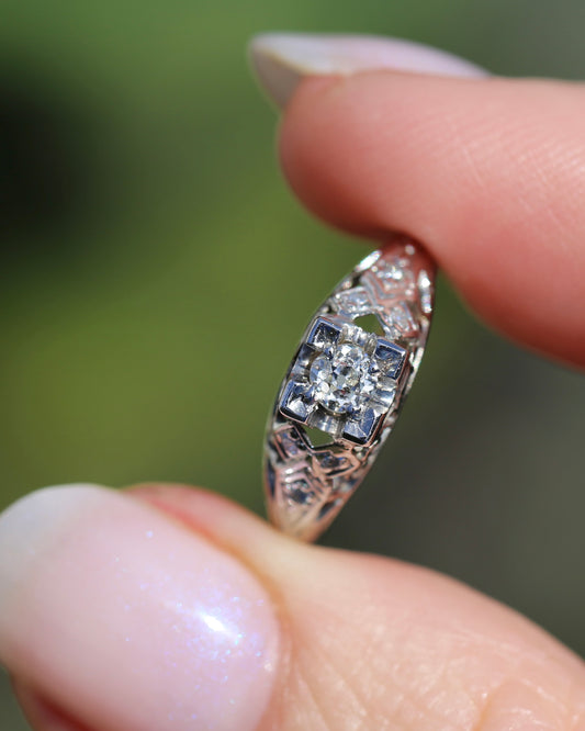 0.188ct Old Cut Diamond Solitaire, 18ct White Gold Filigree, size L or 5.75, 2.0g