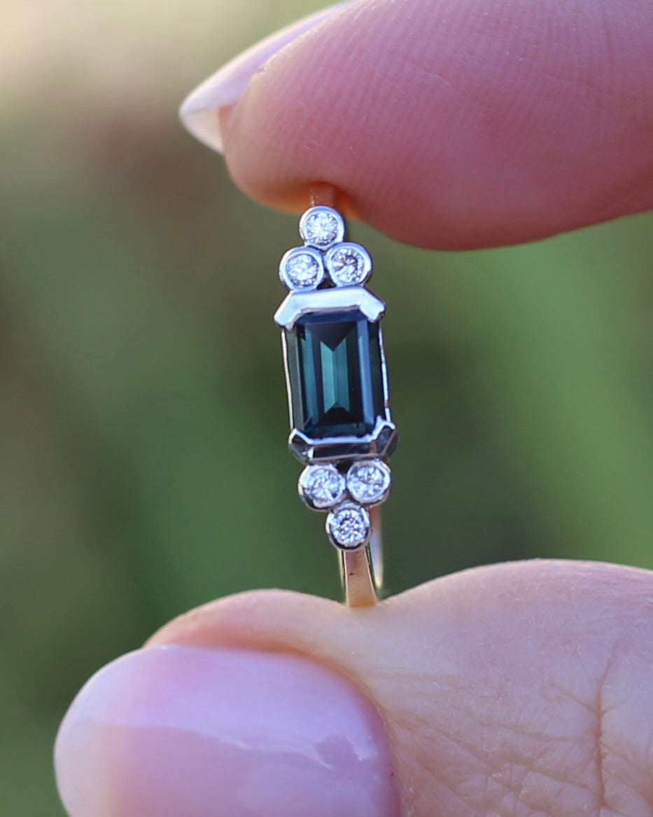 Vintage East West Set Natural Sapphire and Diamond Ring, 18ct Yellow and White Gold, size O or 7.25, 3.36g, with valuation