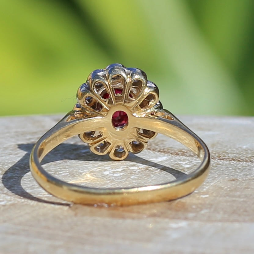 Ruby and Diamond Halo, 18ct Yellow and White Gold, size P or 7.75 with valuation