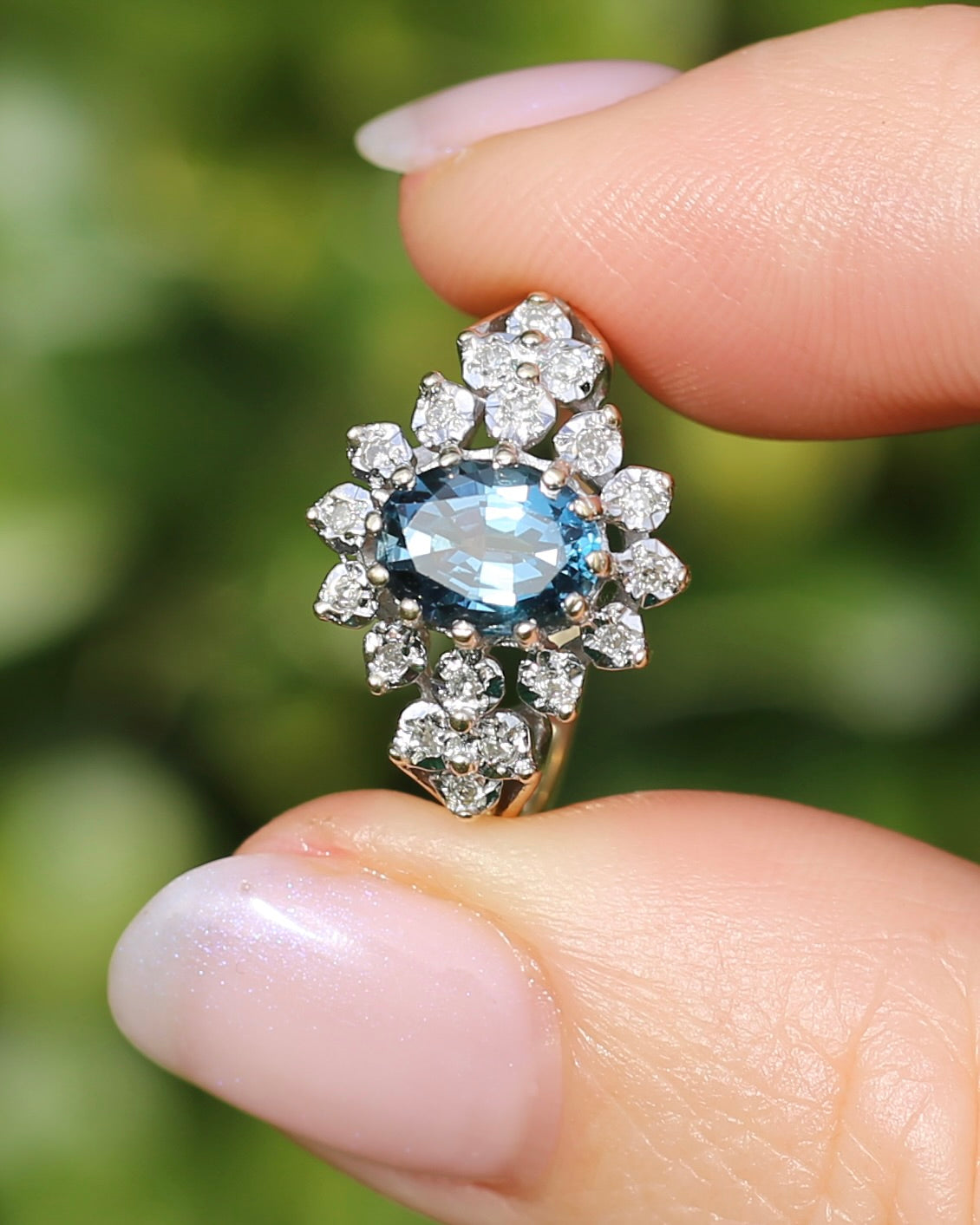1989 Blue Zircon and Diamond Halo Ring, 9ct Yellow and White Gold, size N1/2 or 7, 3.18g