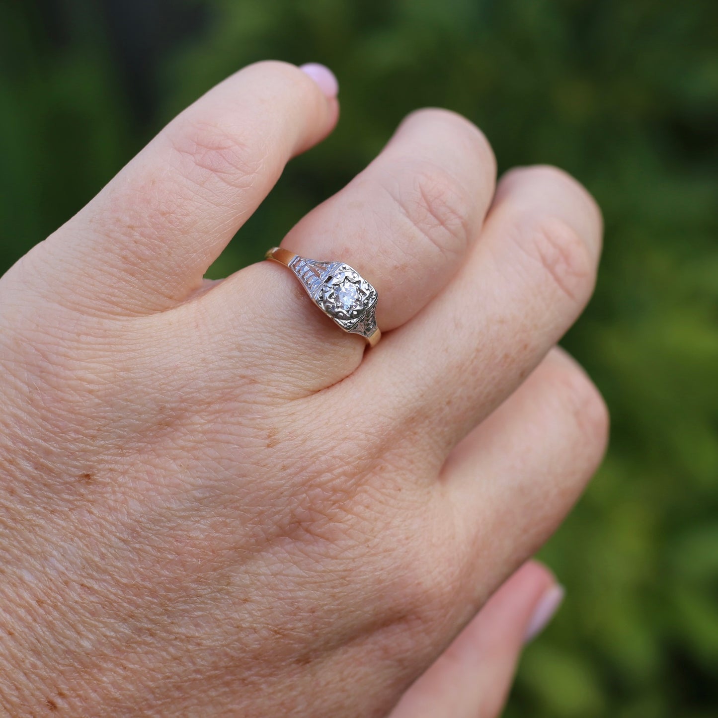 1930s Art Deco Inspired Platinum and 18ct Gold Solitaire Ring, size N or almost 6.75