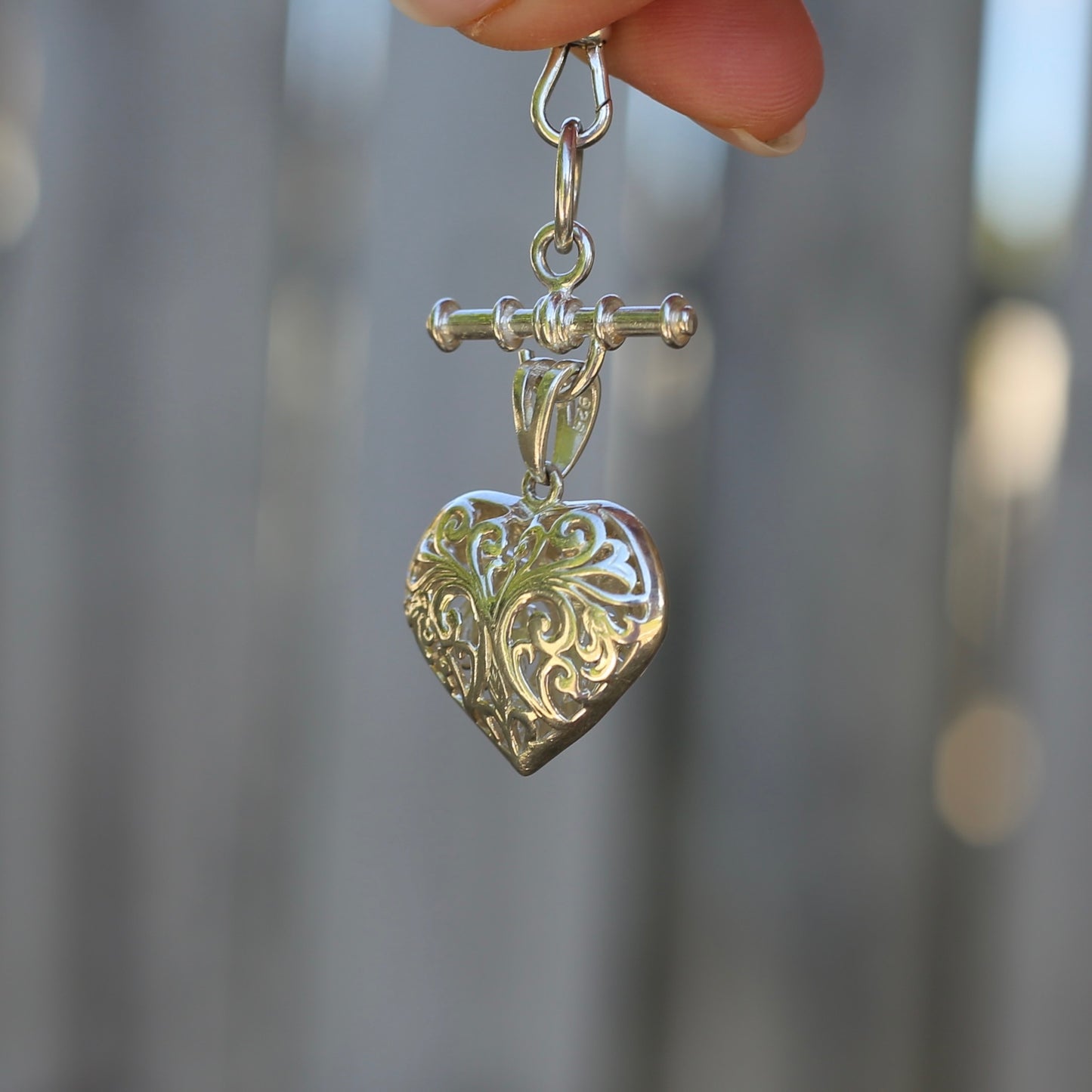 Modern Filigree Heart Fob with T-bar, 7.79g