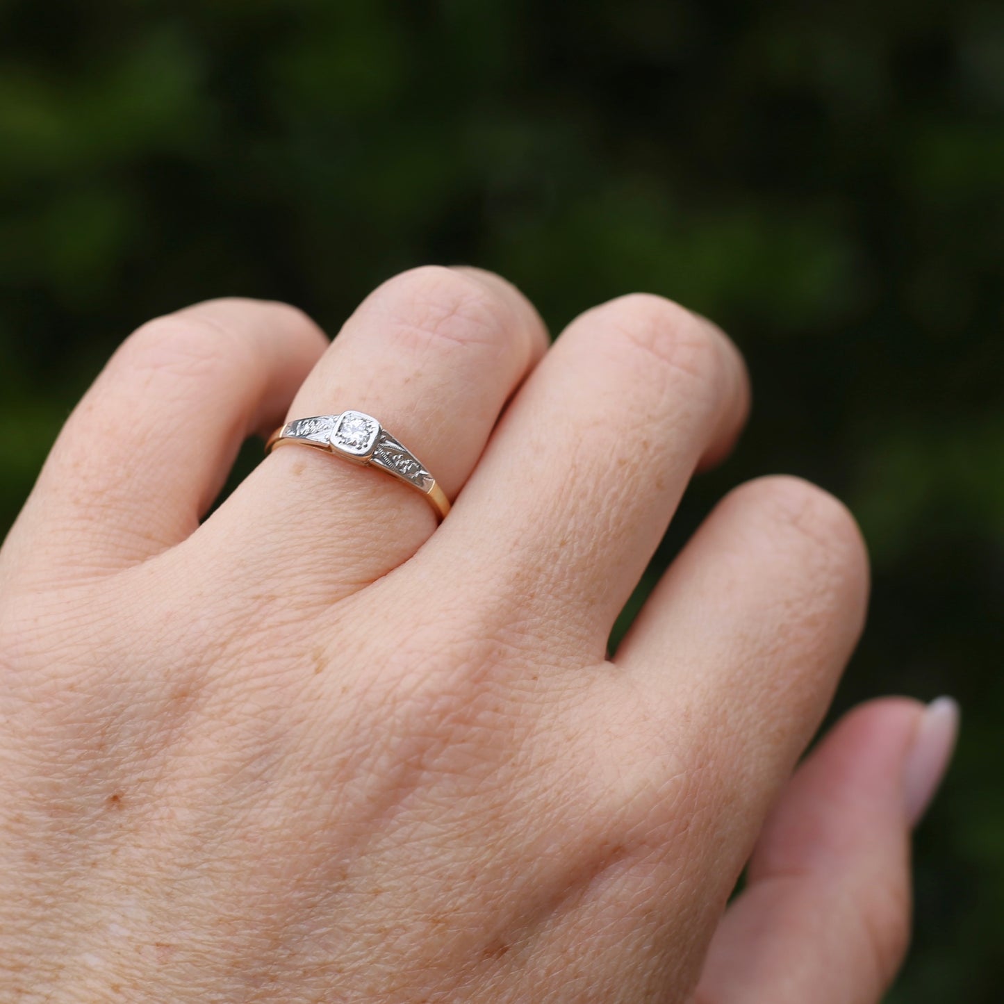 Art Deco 1930s Mixed Metal Transitional Cut Diamond Solitaire, 17.5ct Yellow and White Gold, size O1/2 or 7.5