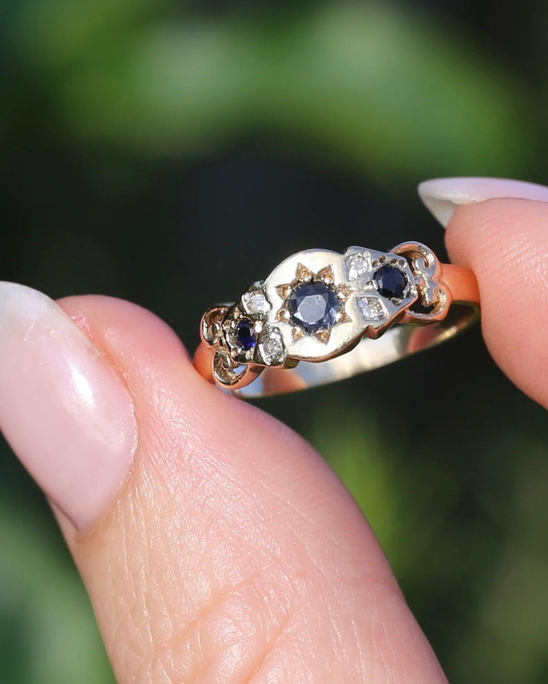 Star Set Dark Sapphire and Diamond Ring, 9ct Yellow Gold, size O1/2 or 7.5, 1.99g