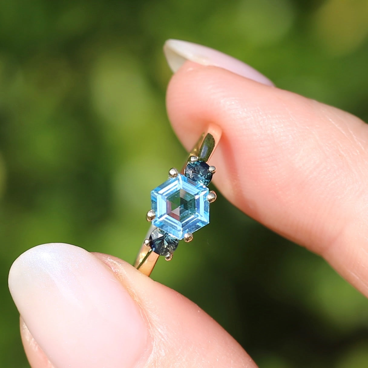 Hexagonal Blue Topaz and Parti Sapphire Trilogy, 9ct Yellow Gold, size O or 7.25