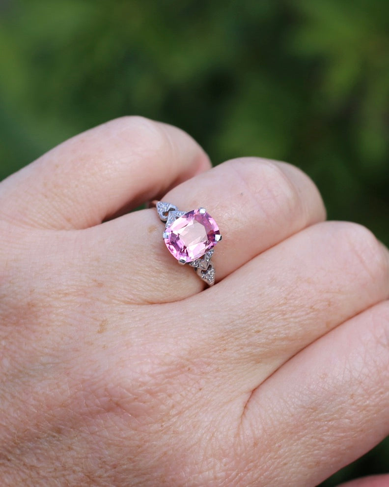 Pale Pink Tourmaline and Old Cut Diamond Shoulder Ring, 18ct White Gold and Platinum, size N or 6.75, 2.63g
