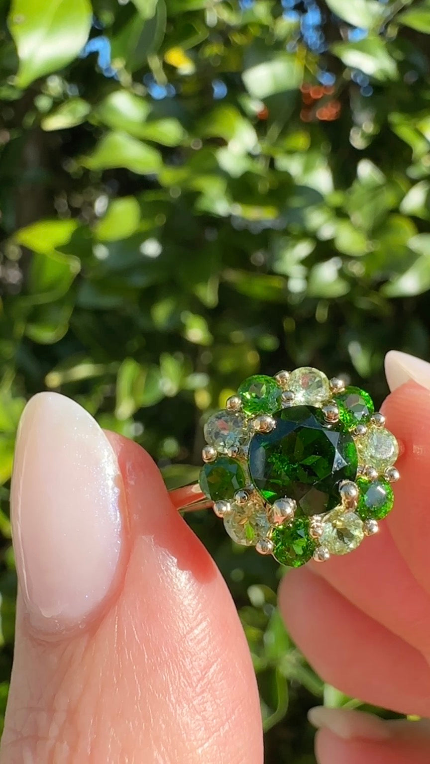 Chrome Diopside and Green Garnet Daisy Cluster Ring, 9ct Yellow Gold, size N1/2 or 7