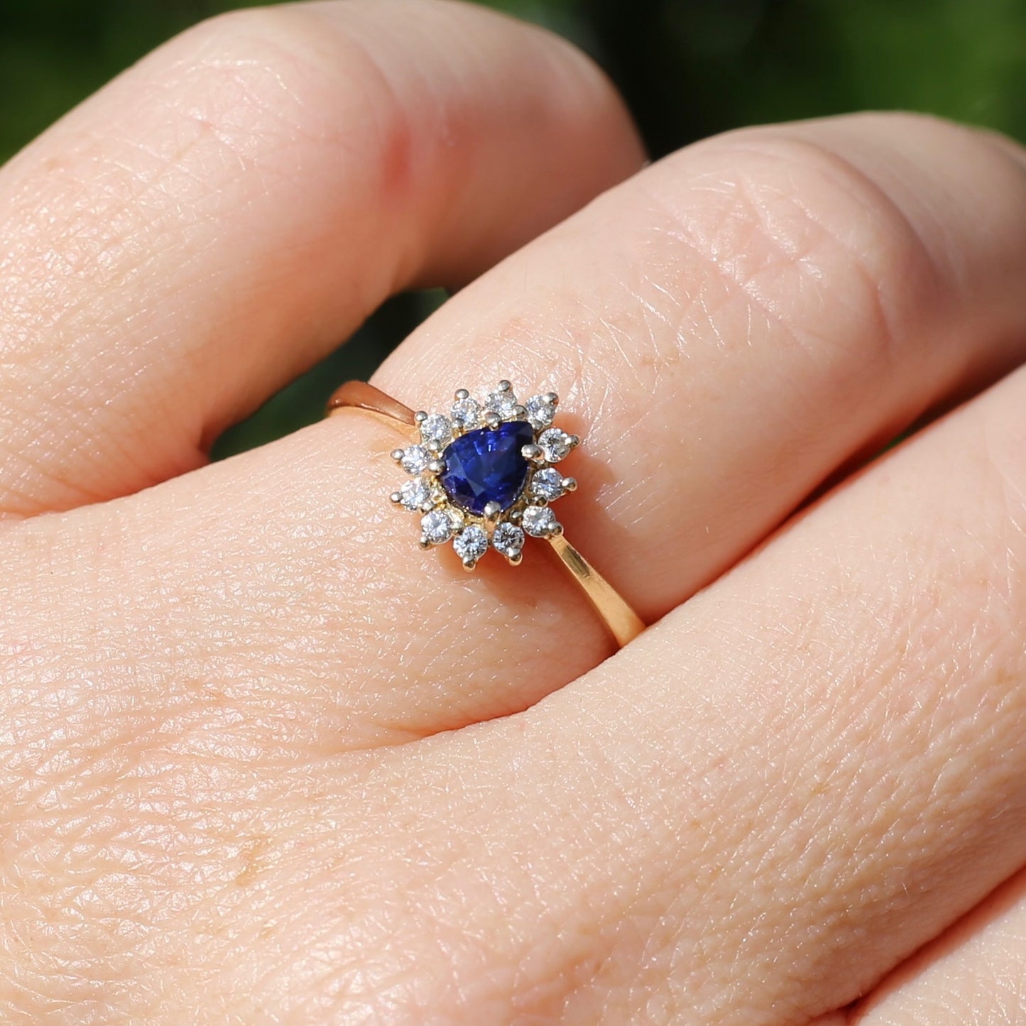 Pear Shaped Sapphire with Halo, 14ct and 18ct Yellow Gold, size 7 or just under O