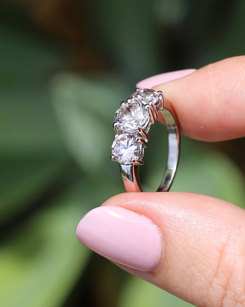 3.7ct Pale Pink Australian Zircon Trilogy Ring, 10ct and 18ct White Gold, size O or just over 7, 3.72g