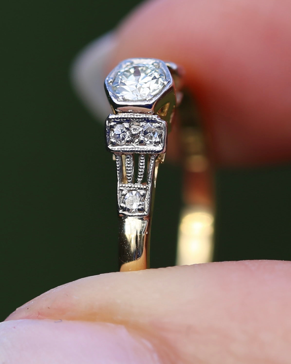 Hexagonal Grain Semi Modern Cut Diamond and Single Cut Diamond Shoulders Ring, 18ct White and Yellow Gold, size P1/2 or 8, 2.58g, with valuation
