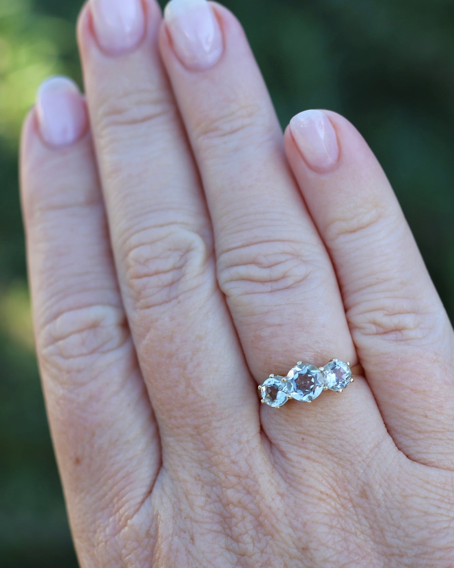 Prasiolite or Green Amethyst in Vintage Trilogy, 9ct Yellow Gold, size 7 or N1/2
