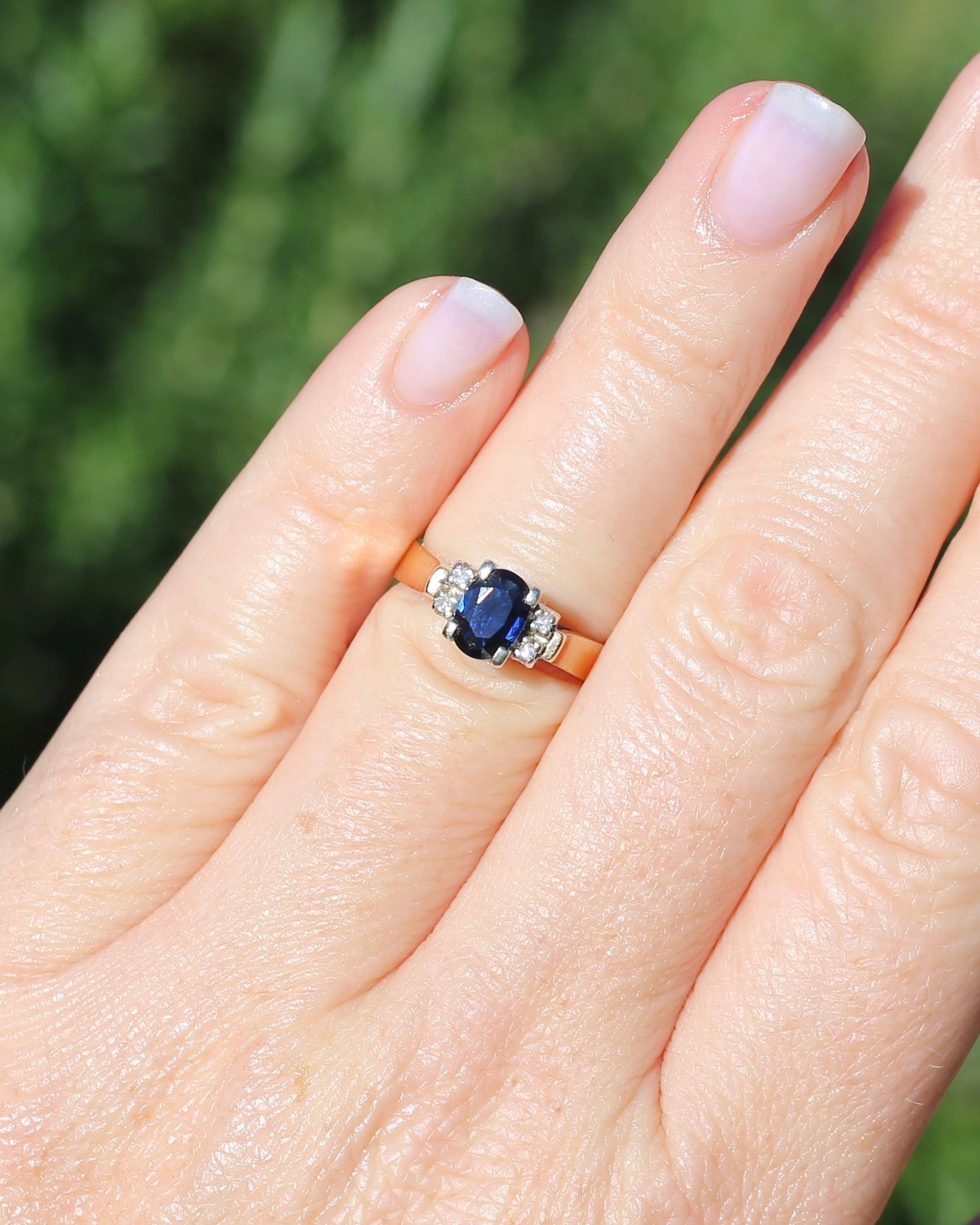 Circa 1970s Natural Sapphire and Diamond Ring, 9ct Yellow and White Gold, size M or 6.25, 4.19g