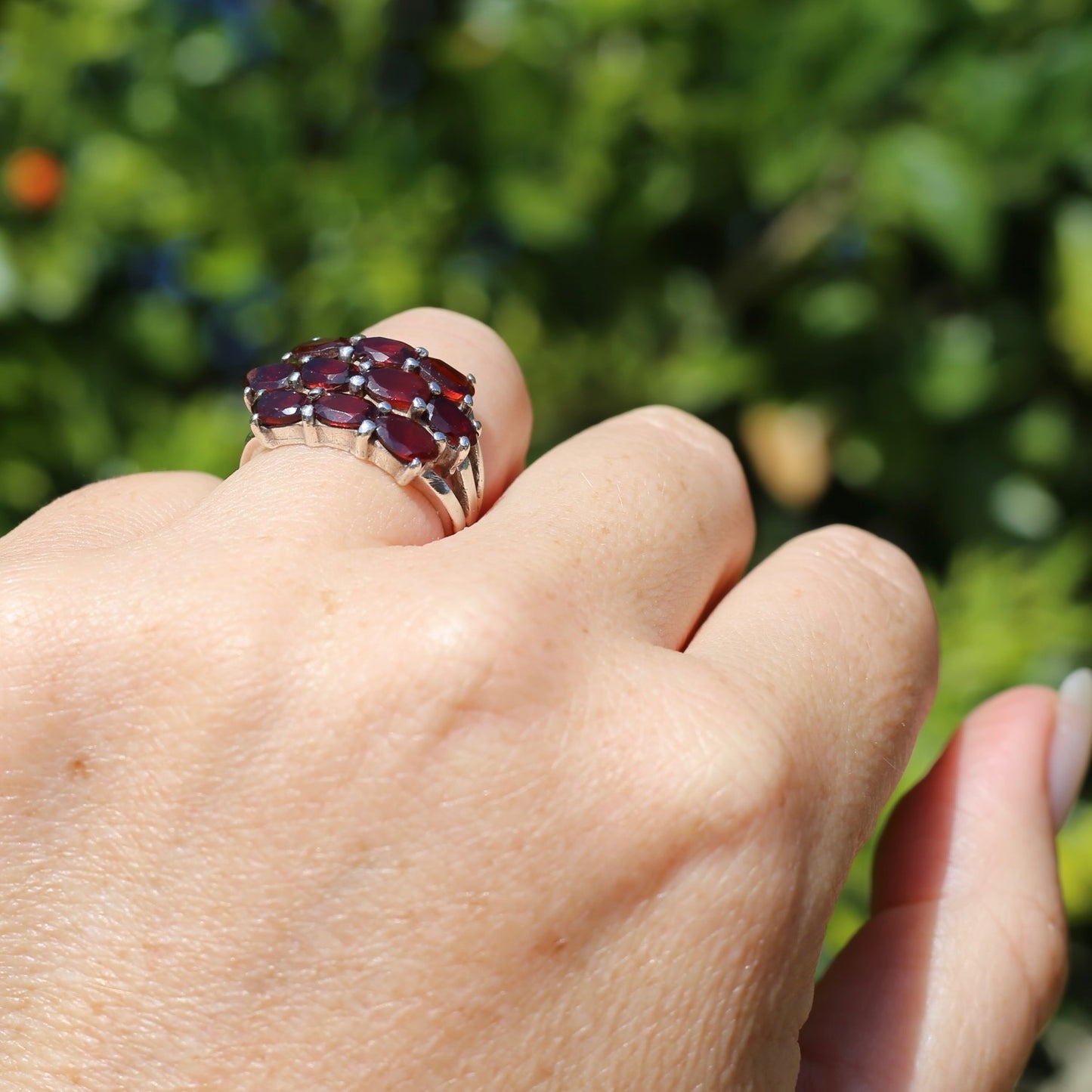 10 x Garnet Multi Stone East West Set Ring, Sterling Silver, size M1/2 or 6.5