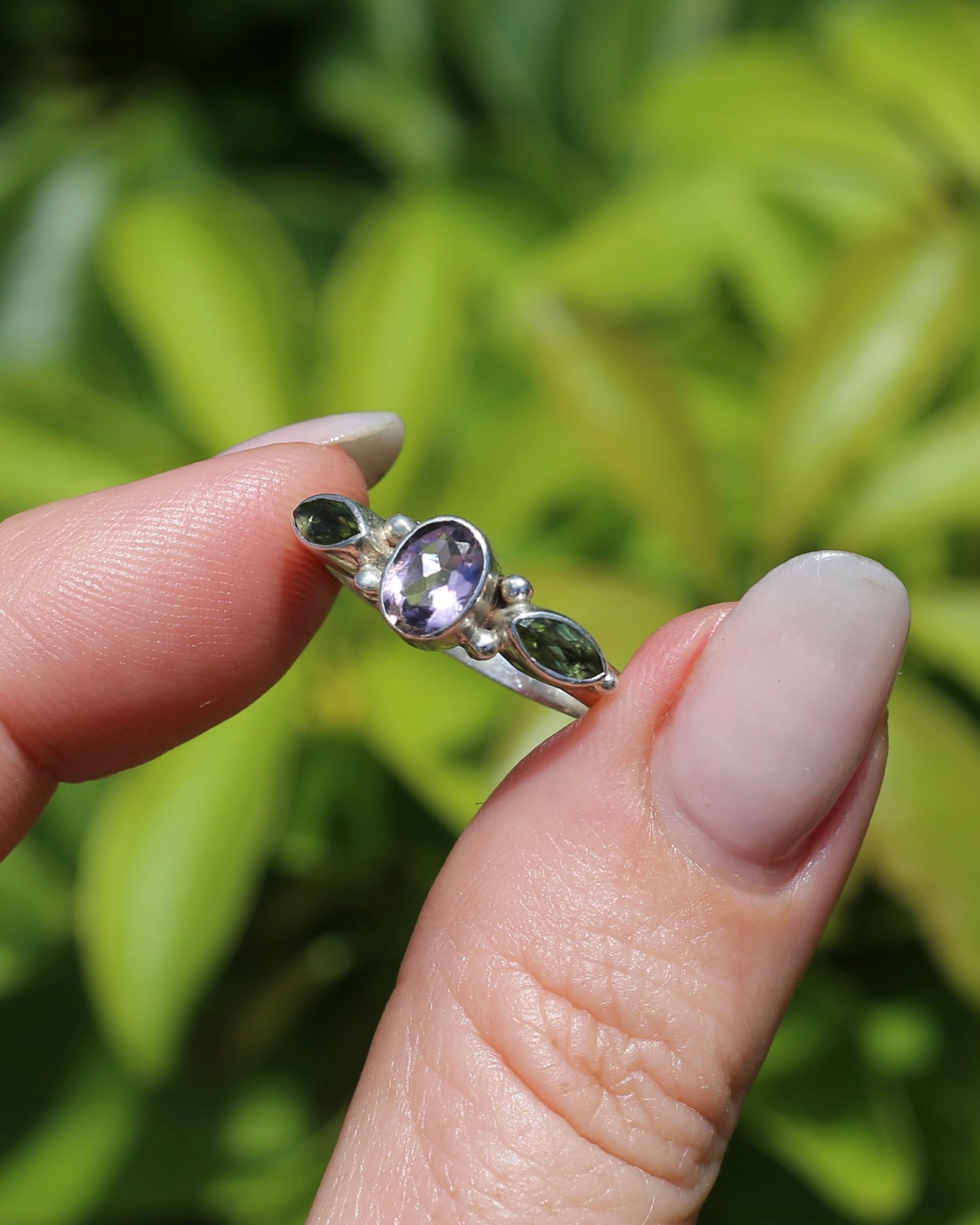 Amethyst & Peridot Bezel Set Trilogy Ring, Sterling Silver, size N or 6.75, 2.7g