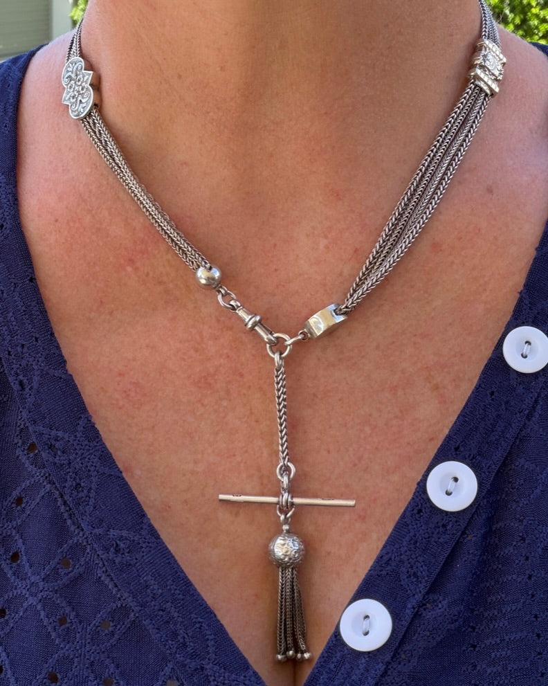 Antique 1901 Double Albertina Necklace with T-bar and Tassel, Sterling Silver, 43.75g