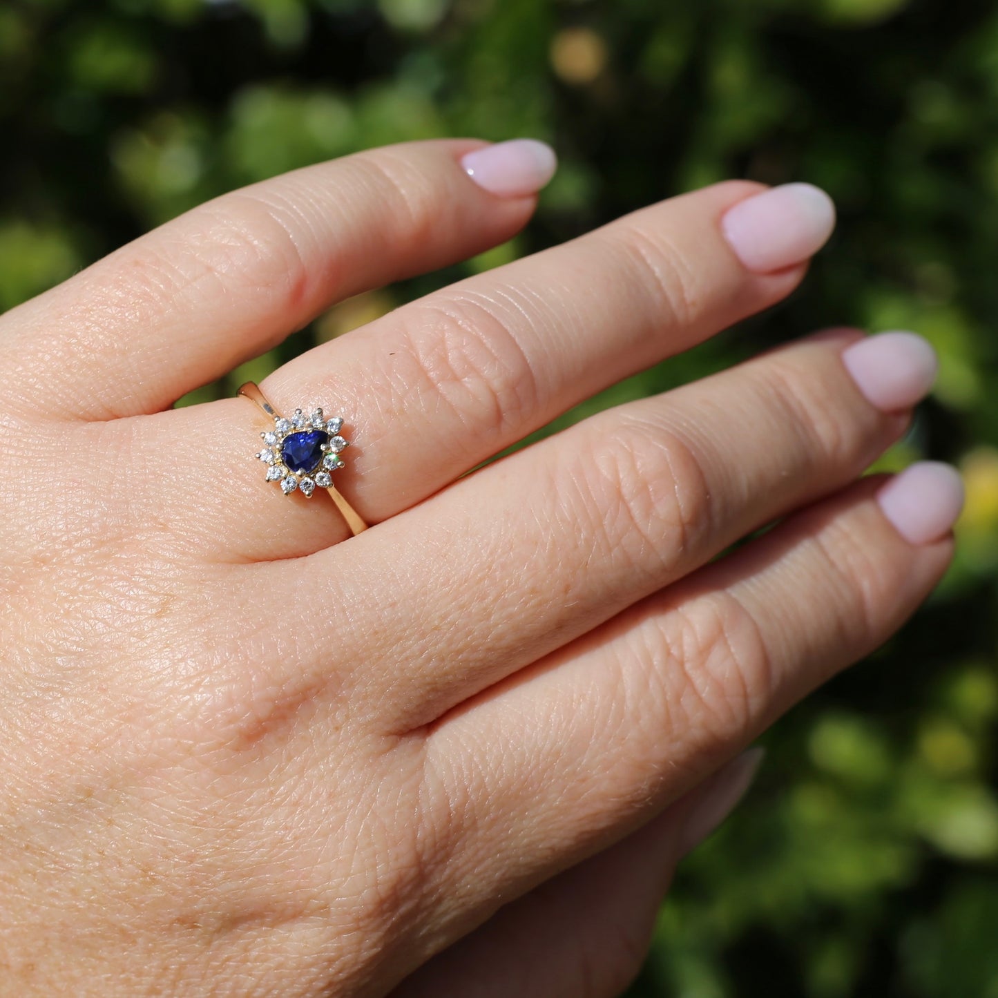 Pear Shaped Sapphire with Halo, 14ct and 18ct Yellow Gold, size 7 or just under O