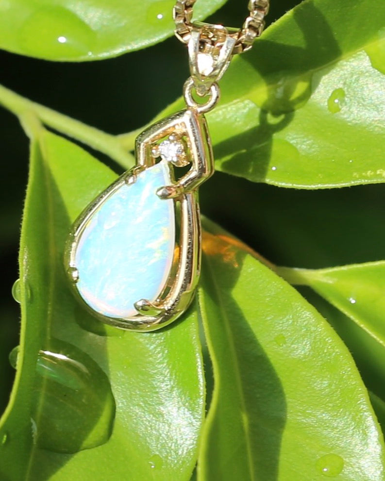Pear Crystal Opal and Diamond Pendant, 10ct Yellow Gold, 1.5g