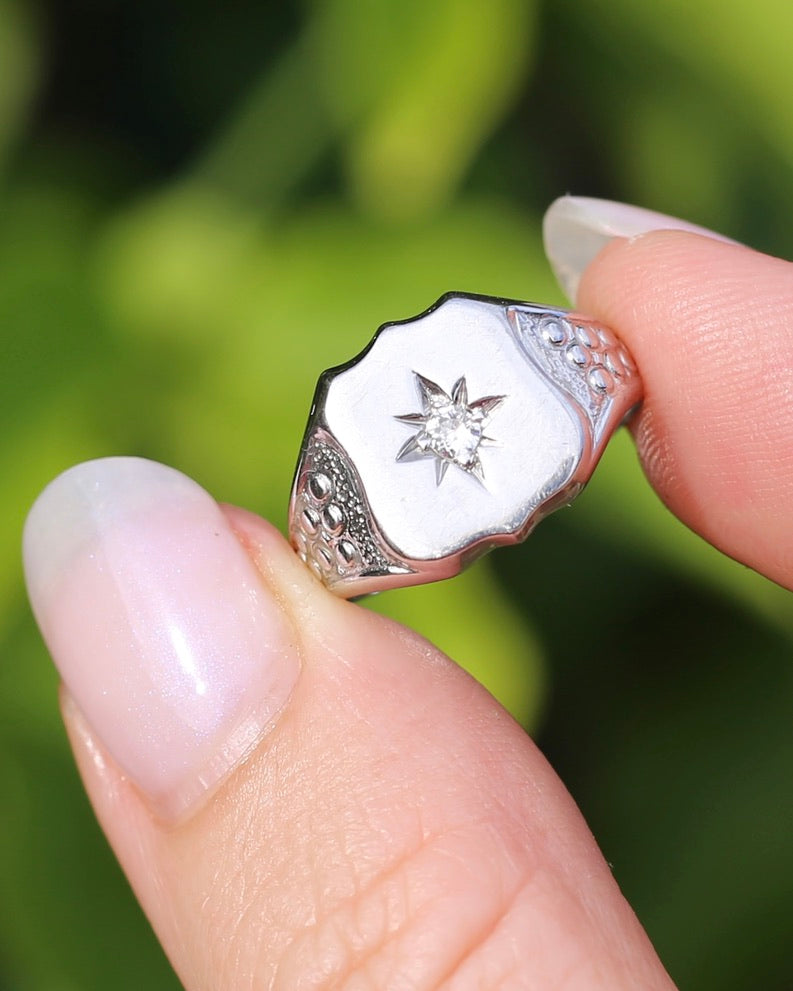 Vintage Shield Signet With Old Cut Diamond, 18ct White Gold, size N or just over 6.5 (fits more like an L1/2-M due to width), 6.86g