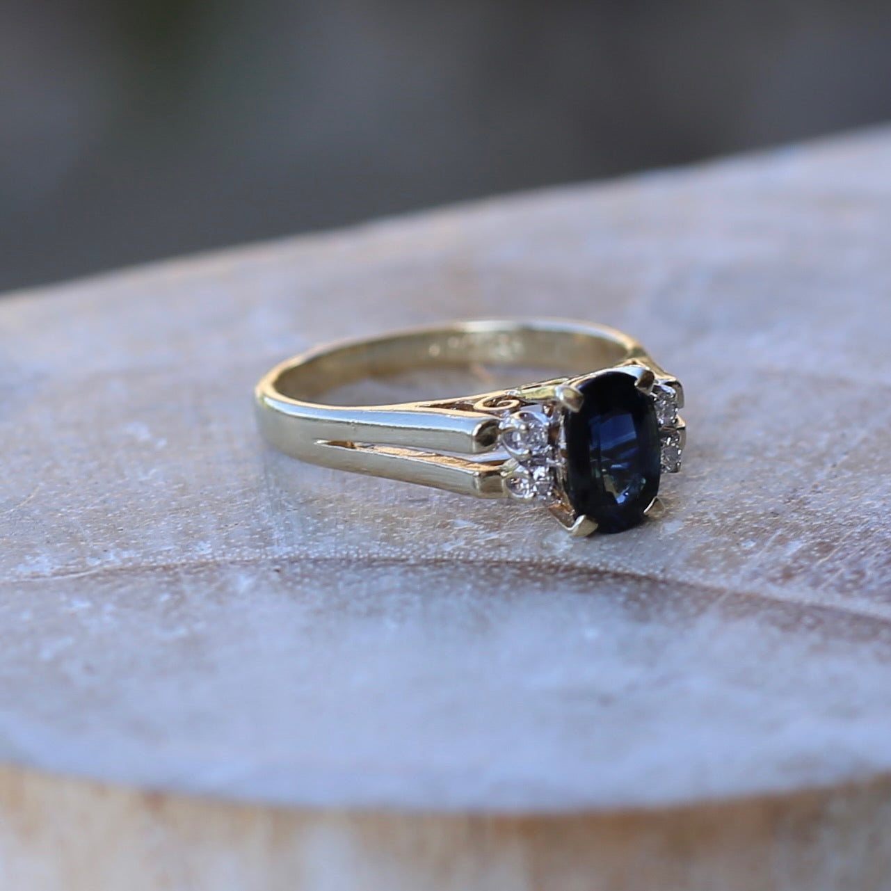 Oval Natural Blue Sapphire with Diamonds, Art Deco Feel Ring, 14ct Yellow Gold, size N or 6.75