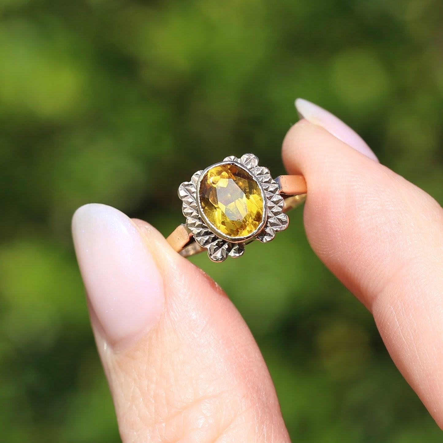 1994 Yellow Sapphire With Detailed Edges, 9ct Yellow Rosey Gold, size P or 7.5