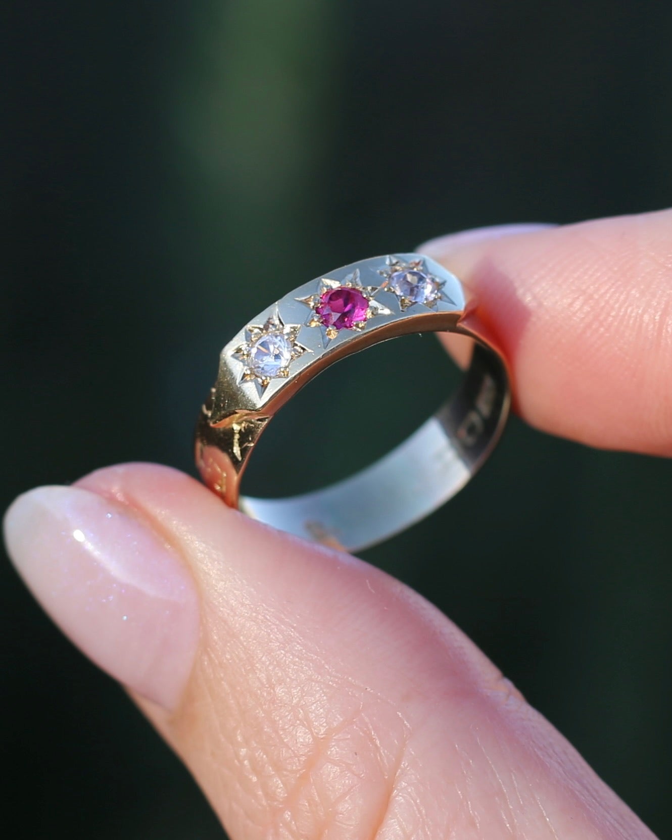 1873 15ct Band with 18ct Trilogy Old Cut Star Set Addition, 15 & 18ct Gold, size R1/2 or 8.75 (fits slightly smaller)