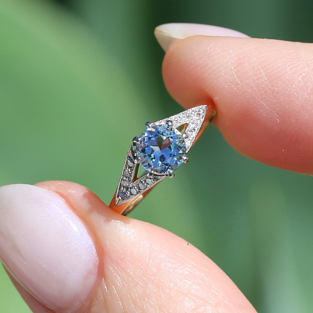 Pristine Early Australian 1930s Dunklings Blue Zircon & Diamond RIng, size L or just over 5.5