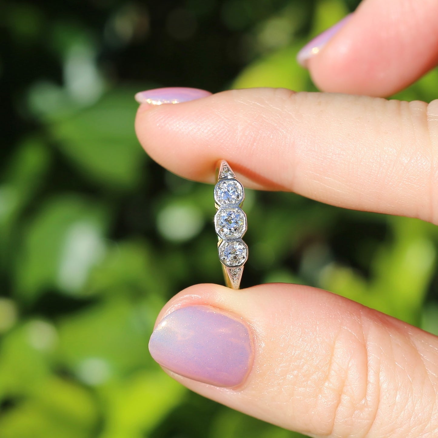 1930s Old and Transitional Cut Diamond Trilogy, 18ct Yellow and White Gold, size N or 6.75