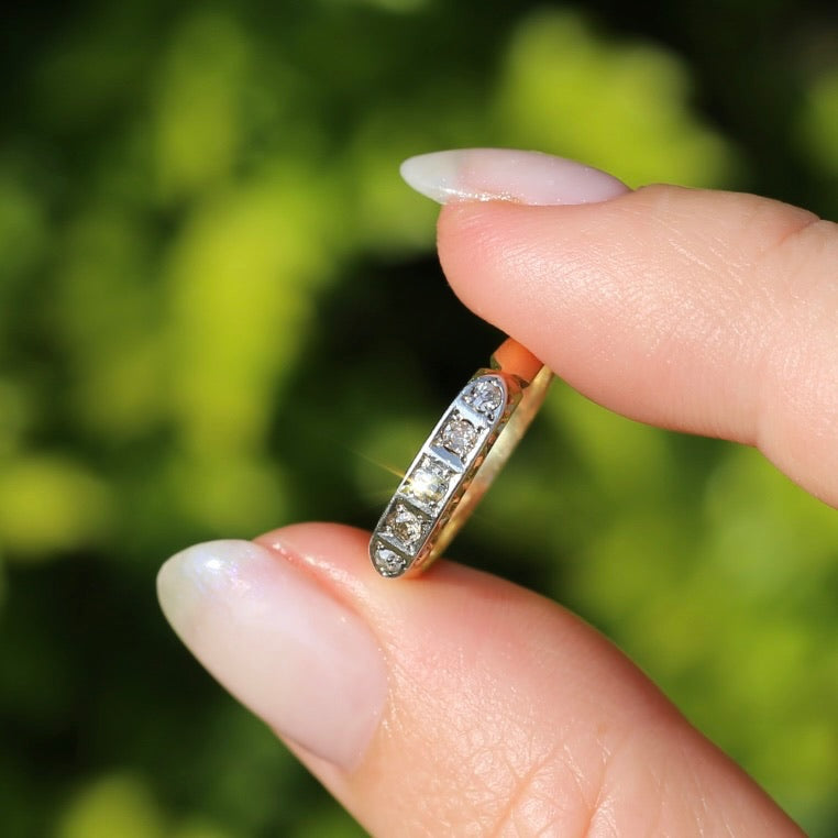 1930s Old Cut 5 Stone Diamond Ring, Platinum and 18ct Yellow Gold, size L or 5.75