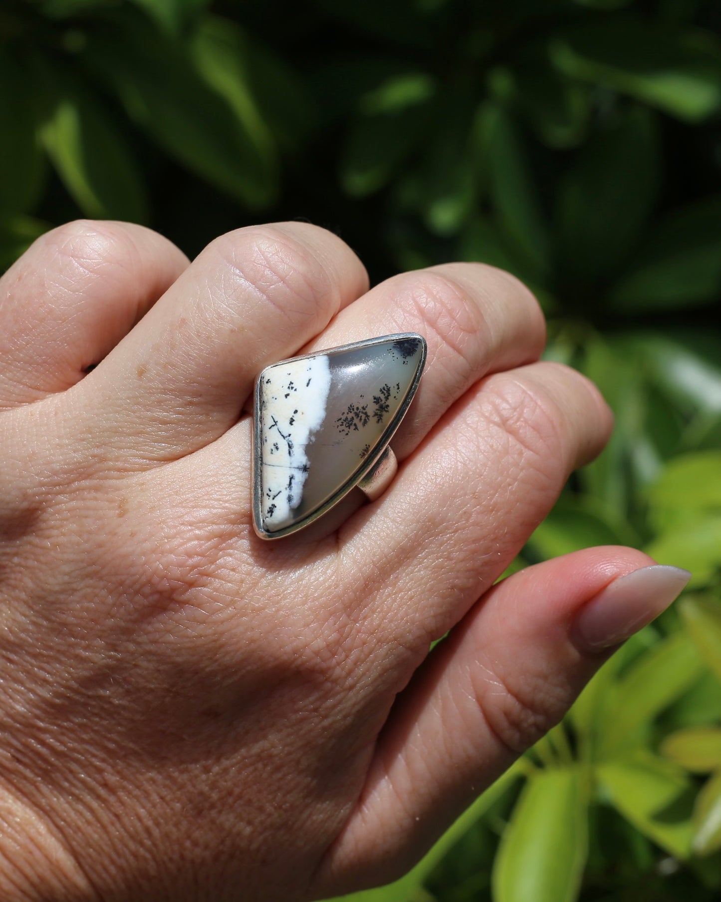 Freeform Dendritic Agate Bezel Set Ring, size T1/2 or 9.75, 14.7g